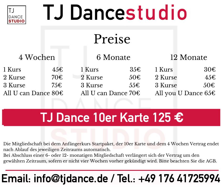 Preise TJ Dancestudio Salsa and Bachata, bachata tanzen lernen
        heidelberg, salsa lernen heidelberg, tanzen heidelberg, tanzen lernen heidelberg, salsa, bachata, tango Argentino, tanzen mannheim, bachata mannheim